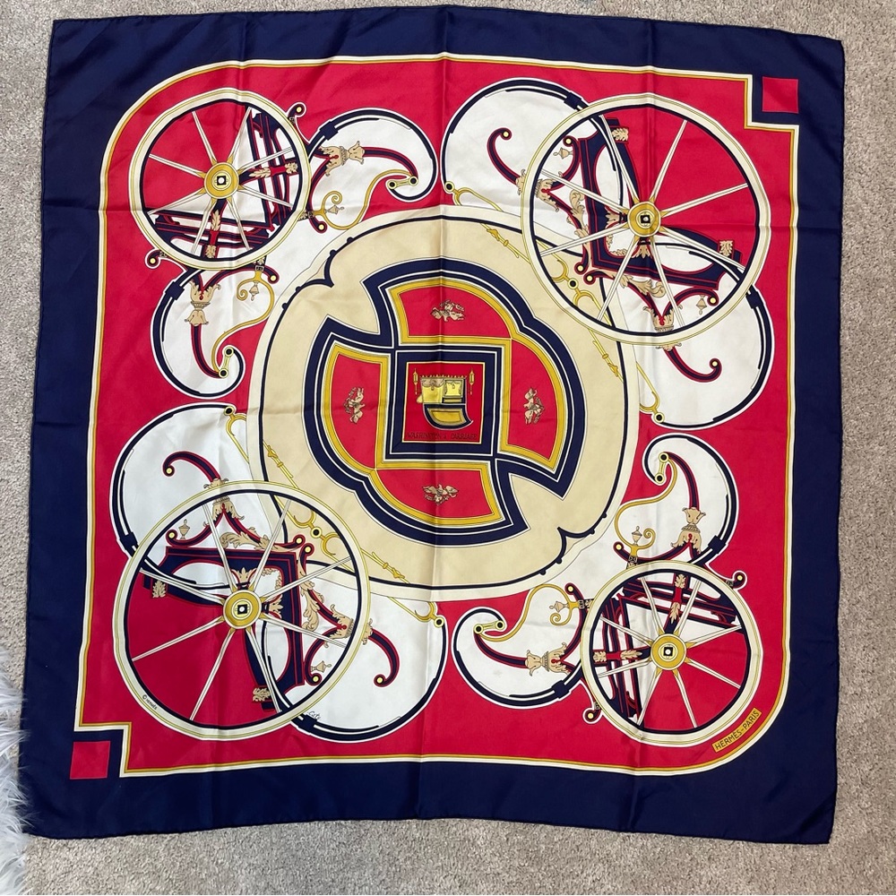 HERMES Logo XL Carre 90 Scarf " CERES " WASHINGTON’S CARRIAGE " Blue Red